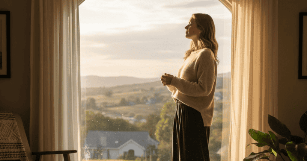 A woman standing near a window, looking thoughtful and calm, sunlight falling on her face, symbolic sense of relief and clarity, cozy home interior, realistic, hopeful and reflective everyday moment.