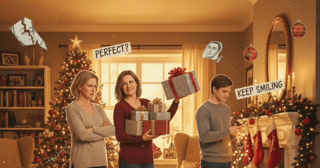 A woman stands holding several wrapped gifts and smiling while a different woman to her left frowns with crossed arms, and a young man on the right hangs lights; a facade of festive perfection is shown as fragile and forced.