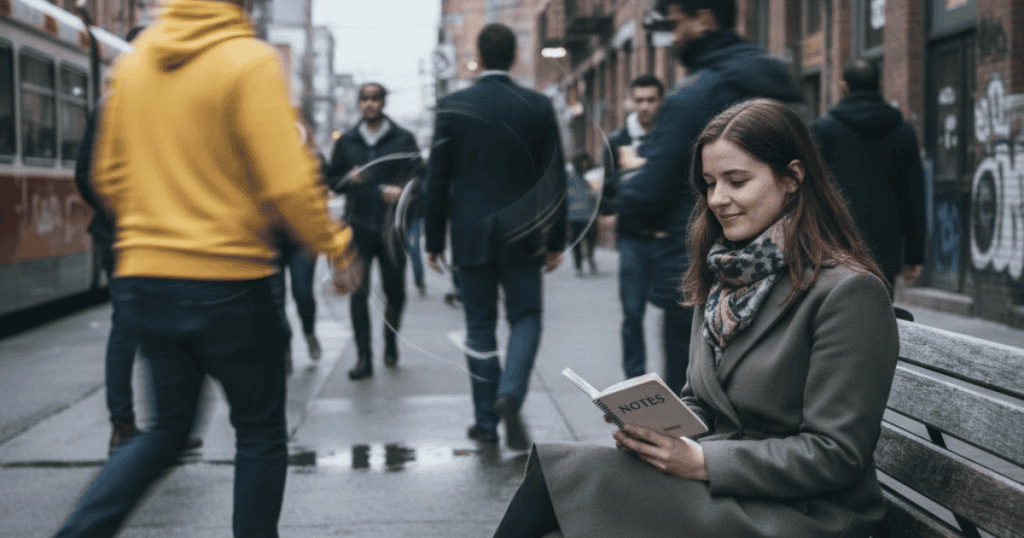 A young woman in a green coat sits on a bench in a busy urban area, calmly reading a small notebook; she is likely preparing for upcoming interactions based on observed behavior.