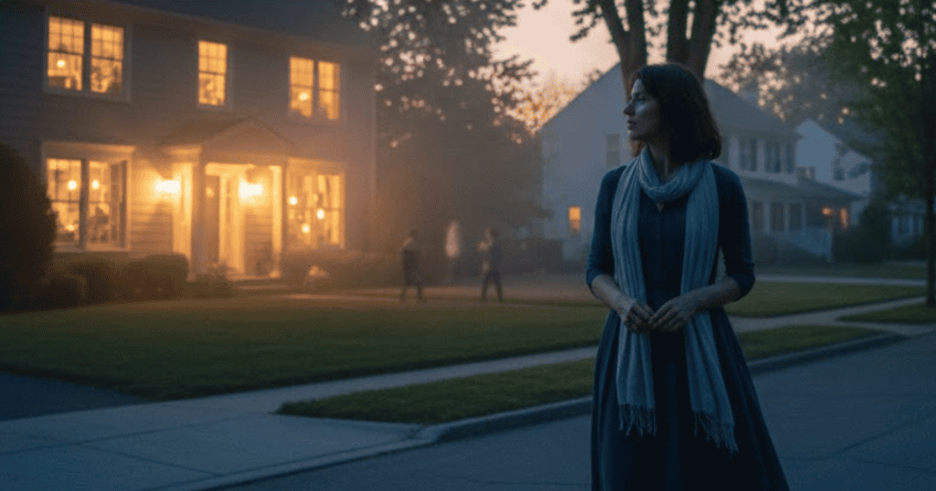 A woman stands alone on a foggy suburban street at dusk with her back to a brightly lit house; she finds peace in the realization that her validation must come from within.