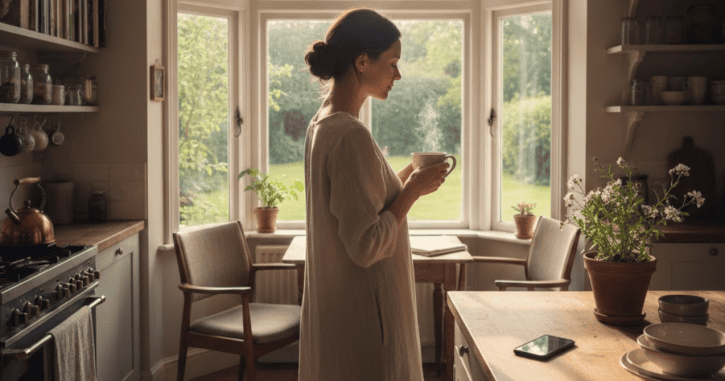 A woman stands in a bright kitchen, looking out the window while holding a cup; her relaxed posture suggests finding peace in solitude.
