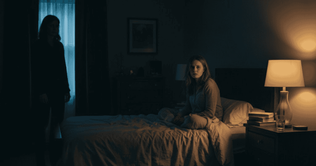 A woman sits on a bed looking startled in a dark room illuminated by a bedside lamp, while a shadowy figure stands near the window; the tense atmosphere in the dark reflects the unveiling of a hidden, intimidating persona.