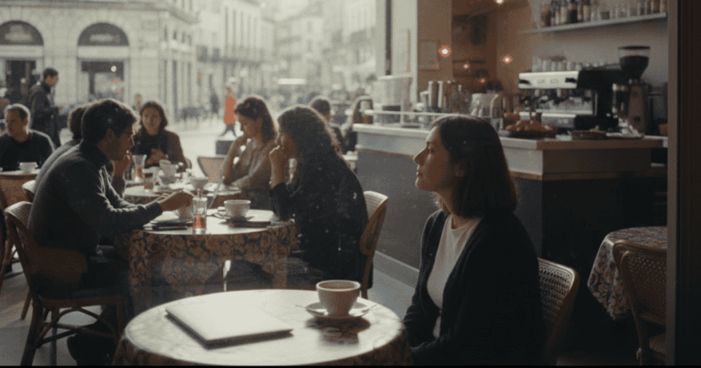 A woman sits alone at a small cafe table with a cup of coffee, looking pensive while people interact around her; the quiet setting offers a sense of introspection regarding social dynamics.