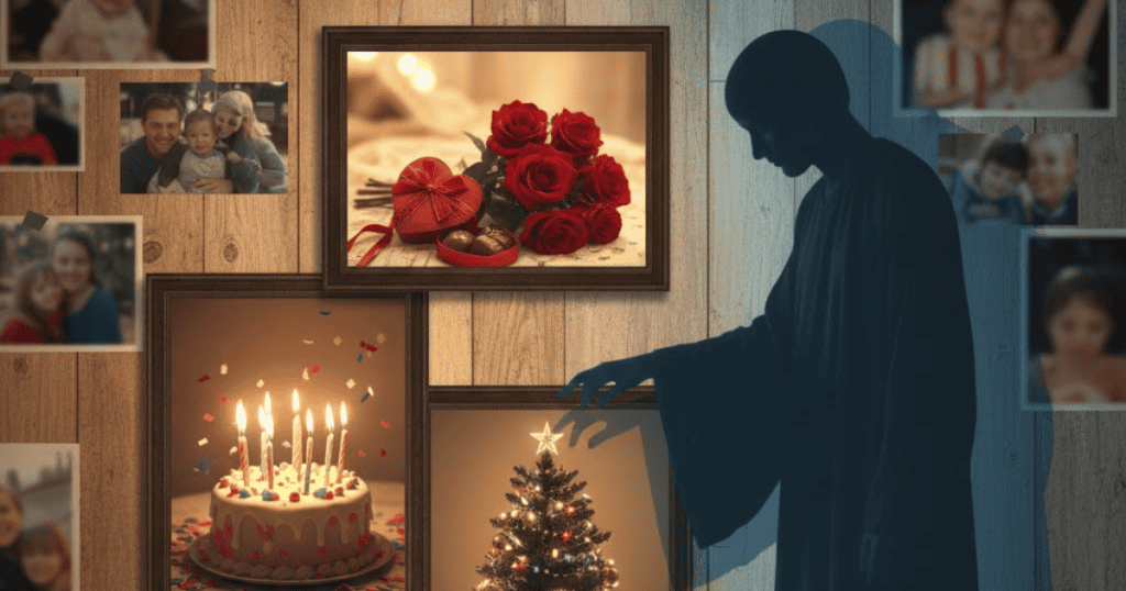 A collection of framed photos depicting happy celebrations hangs on a wall, while a dark, ominous shadow stretches across them to obscure the joy.