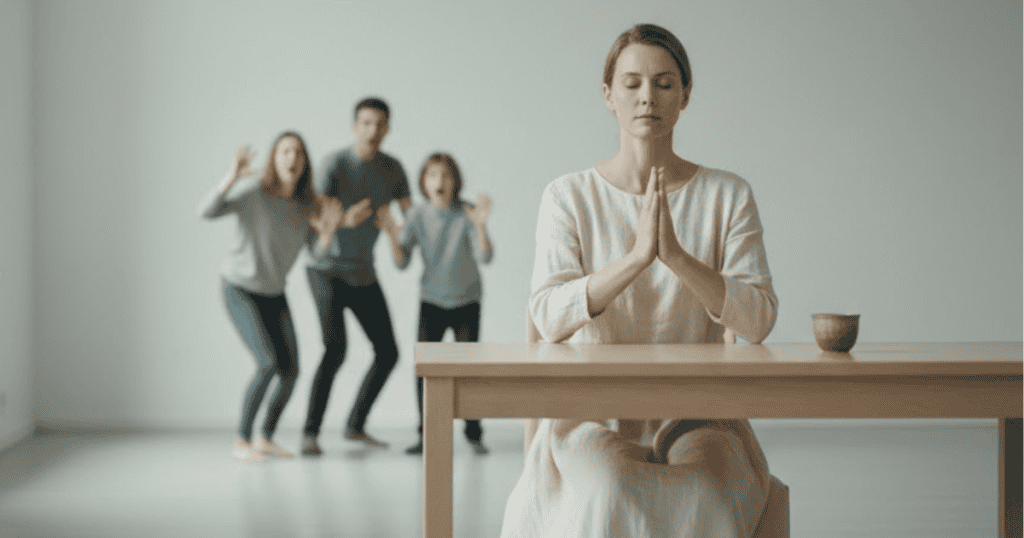A serene woman sits with her eyes closed and hands in a prayer-like position at a table while three distressed people stand behind her; her tranquility illustrates the powerful effect of a non-response.