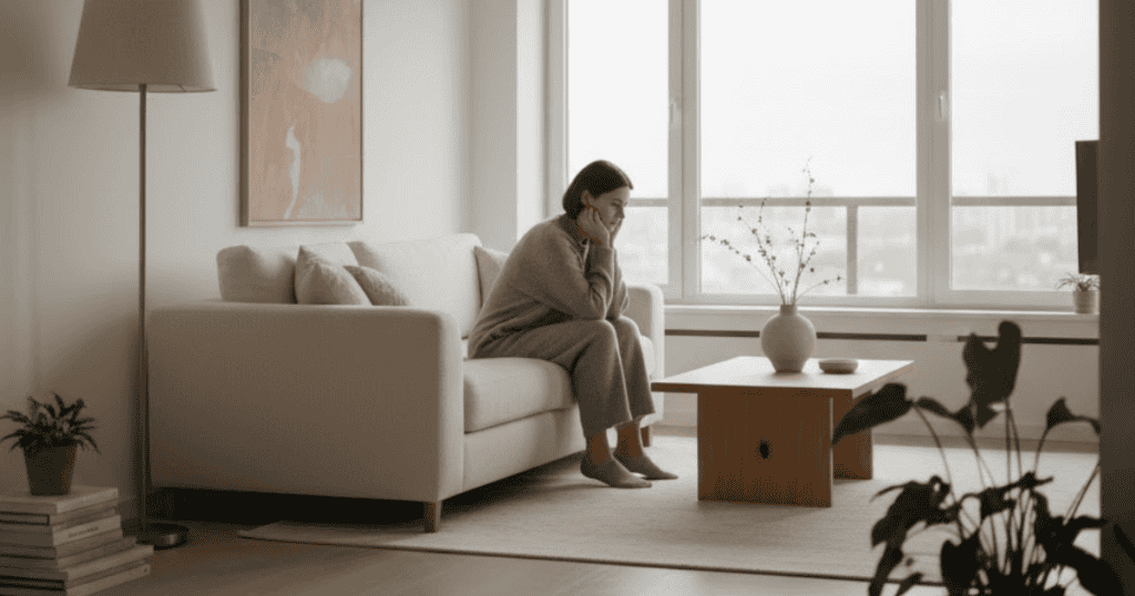 A woman sits alone, looking contemplative in a minimalist living room; a quiet moment might reveal truths her public life conceals.