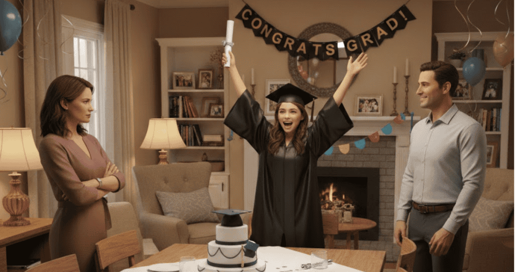 A young woman joyfully raises her diploma in celebration, seemingly unaware of her motherโs crossed arms and cold expression of disapproval in the background.
