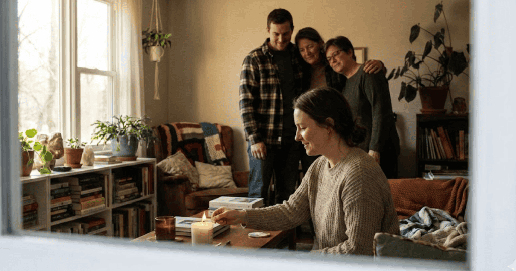 A young woman smiles while lighting a candle surrounded by supportive friends, reclaiming a quiet atmosphere of peace that belongs solely to her.