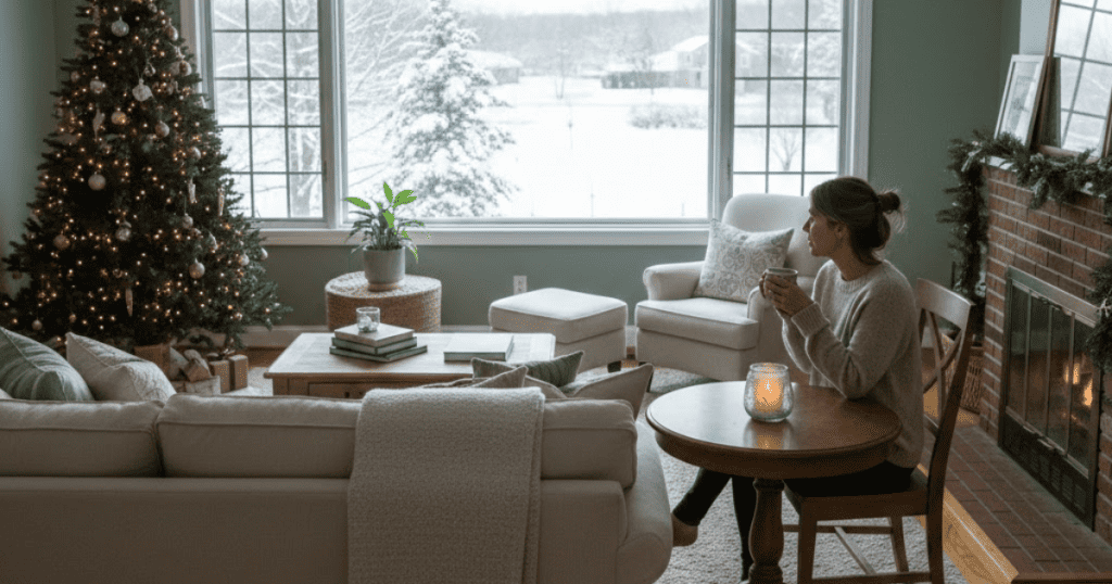 A woman sits alone in a cozy, snow-covered living room decorated for Christmas, suggesting the importance of prioritizing one's personal tranquility during the season.