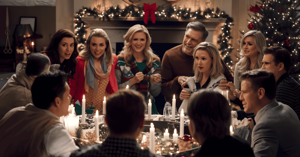 A big family gathers cheerfully around a Christmas table, unaware of the tension and manipulation simmering beneath the holiday celebration.