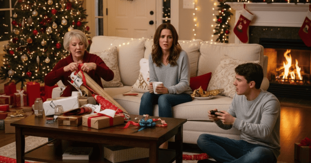 A woman sits uncomfortably on a sofa while a mother and son are preoccupied with gifts and a video game, suggesting the subtle tension of holiday gatherings.