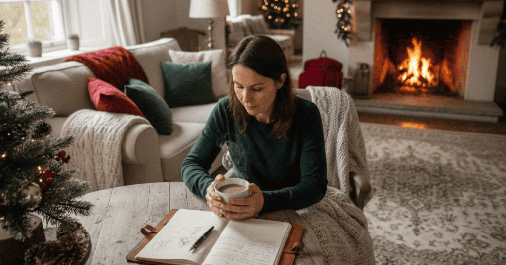 A woman is writing in a notebook near a fireplace and Christmas decorations, reflecting on her thoughts for the upcoming holidays; she is setting the overall tone for a peaceful season.