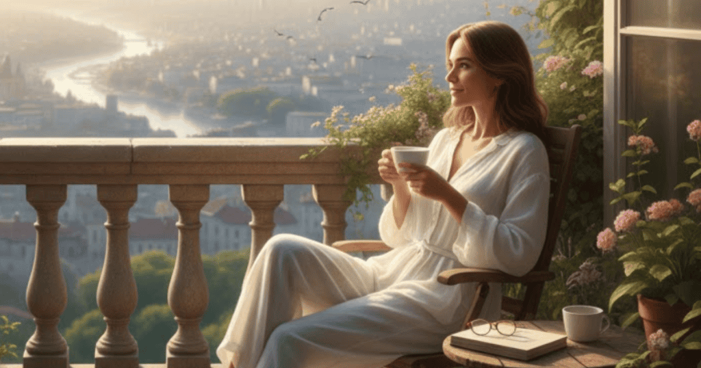 A woman sits serenely on a balcony enjoying a cup of coffee with a book, indicating a comfortable moment of reflection and a deep shift in perspective.