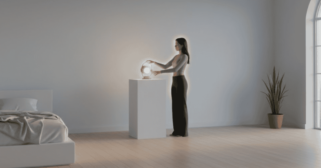A person stands in a minimalist room, hands on a glowing lamp placed on a white pedestal; their focus illuminates a few smart methods for personal power.