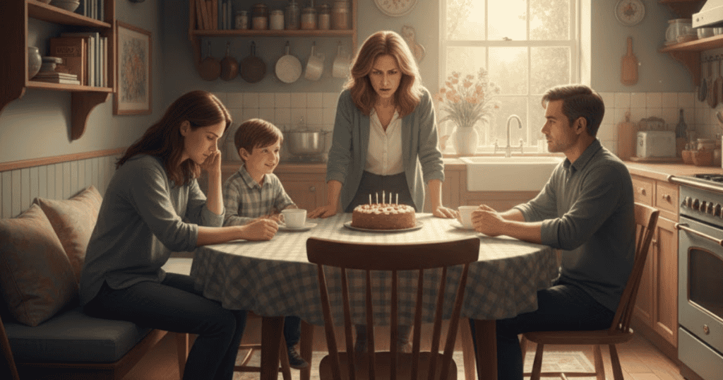 A woman stands angrily over a birthday cake while her husband and son look down in defeat, casting a heavy shadow of conflict over what was intended to be a celebratory meal.
