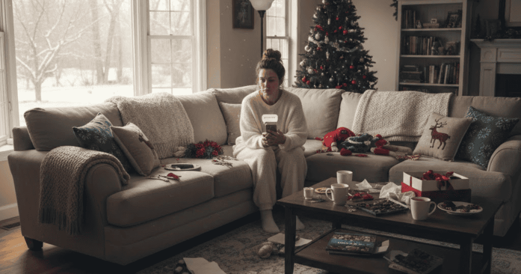A tired-looking woman sits on a sofa amid holiday mess, holding her phone; she seems weary from the recent seasonal stress.