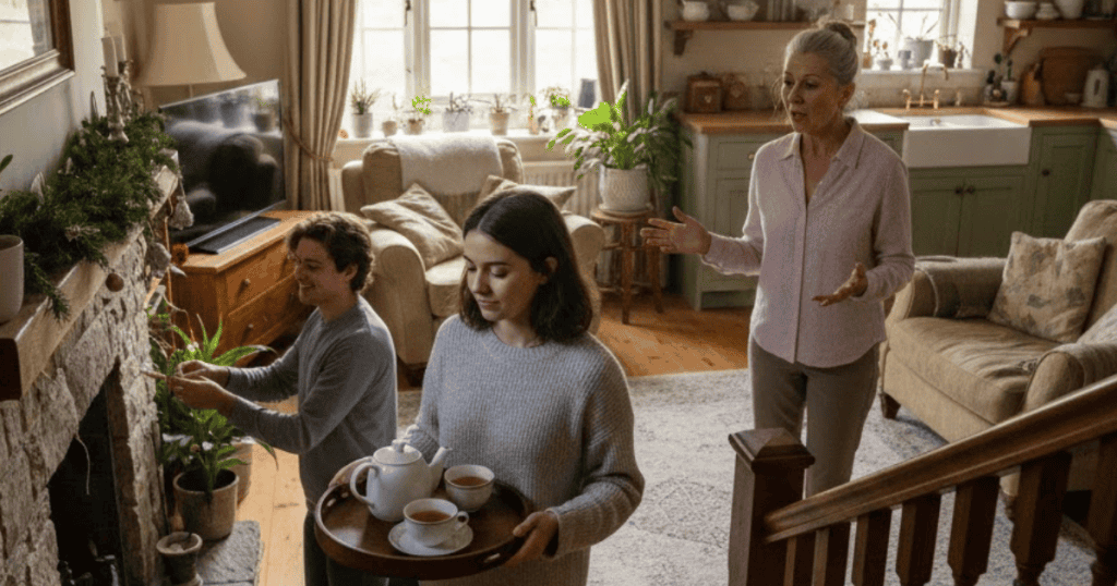 A young woman is descending stairs carrying a tea tray past a man working at the fireplace, while an older woman stands in the background speaking with an open gesture; the central figure is calmly and firmly focused on her delivery, signaling a polite unavailability to the surrounding demands.