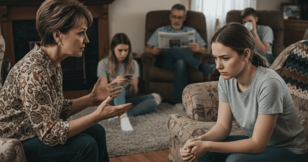 A woman gestures emphatically while speaking to a younger girl who looks away, illustrating a lopsided and draining social dynamic.