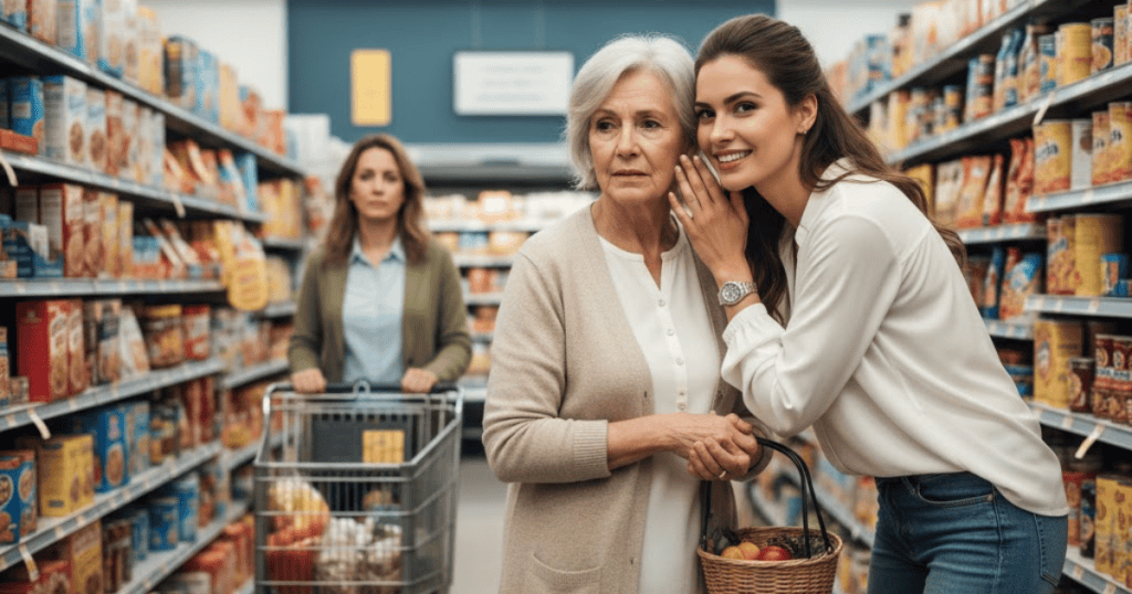A young woman is whispering conspiratorially to an older woman in a grocery aisle, suggesting the dynamic of hidden influence.