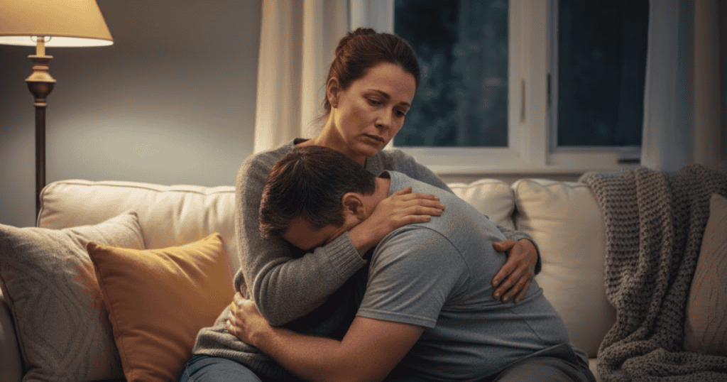 A woman is consoling a distressed man on a sofa, hugging him closely; this tender moment highlights the burden of perpetual emotional support often sought in a relationship.