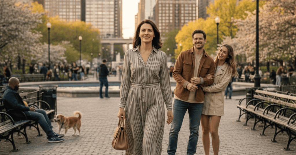 A confident woman walks in the center of a bustling city park, passing a man who is smiling with another woman clinging to his arm; the man seems quick to find a new companion after being left alone.