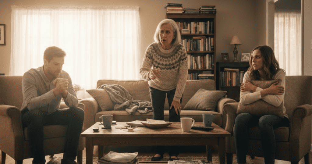 An older woman stands and gestures sharply toward two younger adults seated on a sofa, creating a palpable tension that disrupts the domestic stillness.