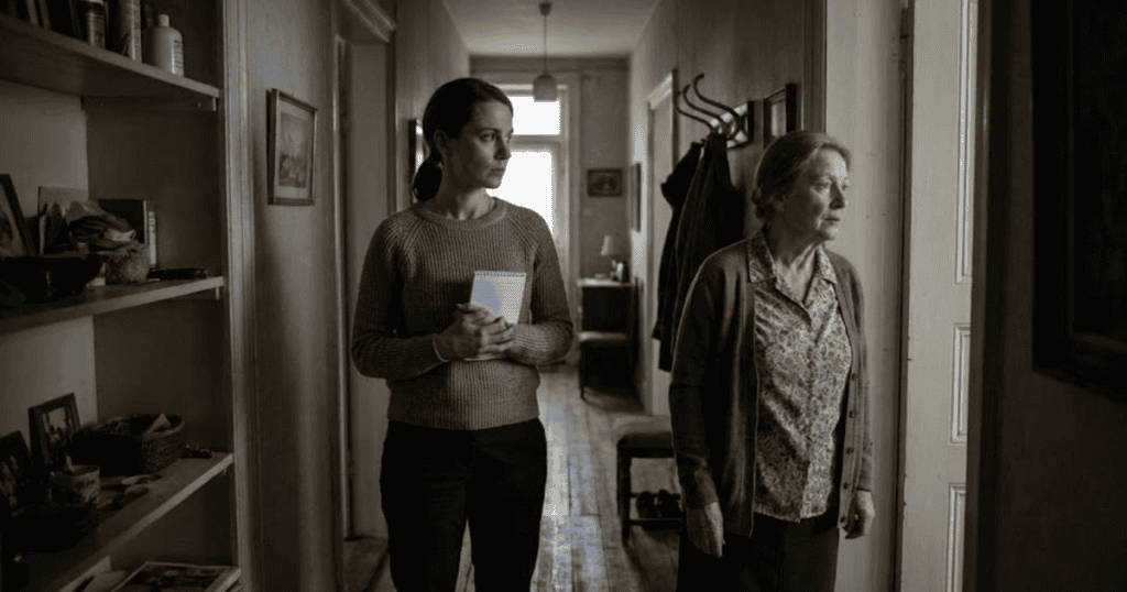 A woman clutches a notebook in a narrow, dimly lit hallway while an older woman stares blankly past her, illustrating the suffocating feeling of being unseen in one's own home.