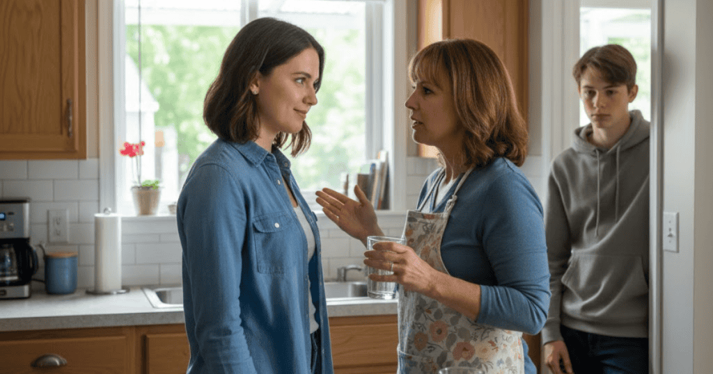A woman with an apron is speaking intensely to another woman in a kitchen while a young man watches anxiously from the background; the recipient of the animated speech maintains a steady and non-reactive gaze, refusing to be drawn into the heat of the moment.