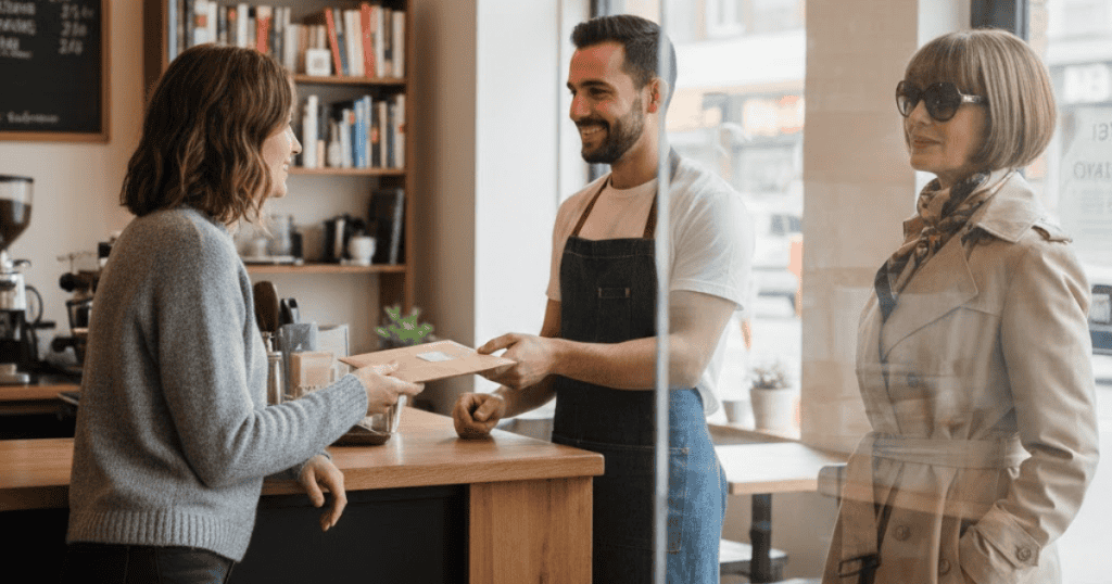 A woman with sunglasses and a trench coat stands by a service counter while a barista hands a package to another woman, illustrating an encounter where public perception appears to be managed carefully.