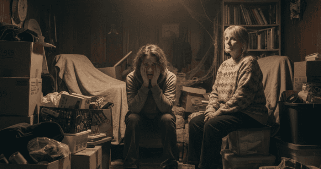 Two women look distraught in a dimly lit, cluttered room; they are trapped in a stressful environment.