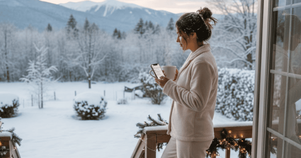 Dressed in comfortable clothes, a woman stands on a winter balcony enjoying a hot beverage and checking her phone amidst a snowy landscape; she has chosen a secluded outdoor spot to recharge during the busy holiday period.