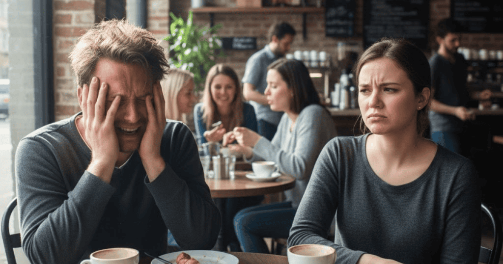 A distressed man holds his face in his hands at a table across from an unamused woman in a busy cafe; his dramatic display may be a tactic to secure renewed attention from a disinterested party.