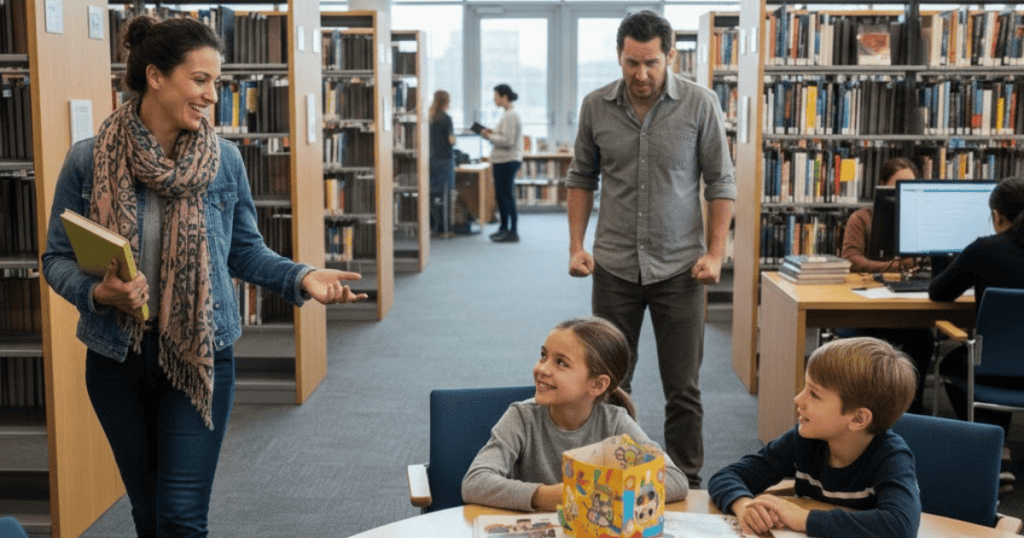 A woman smiles while talking to children at a table in a library, while a man stands behind them with a look of intense frustration; the man's agitated reaction suggests he is losing control of the situation.