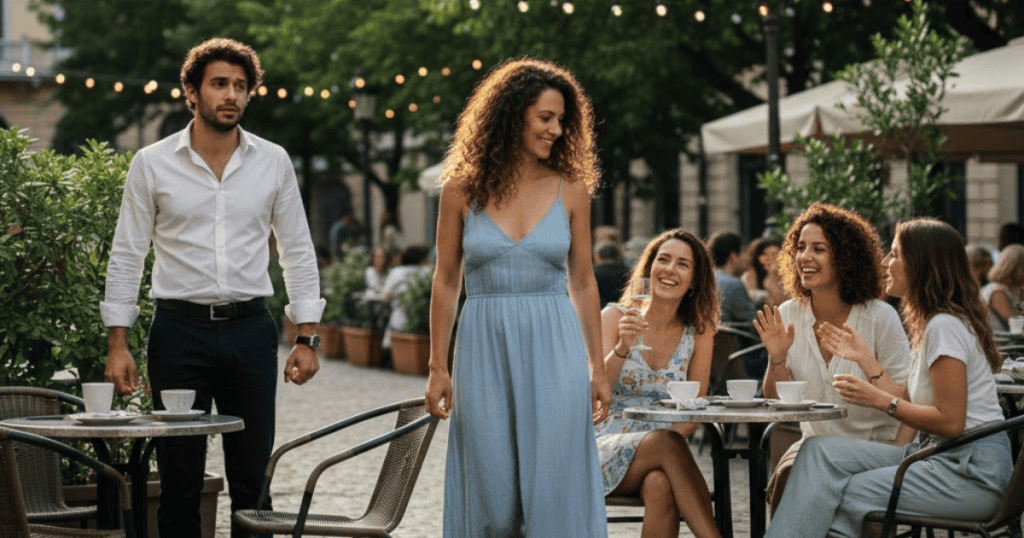 A group of women is laughing together at an outdoor cafe table, while a serious man stands nearby looking at them; his focused attention suggests an unexpected disruption to his environment.
