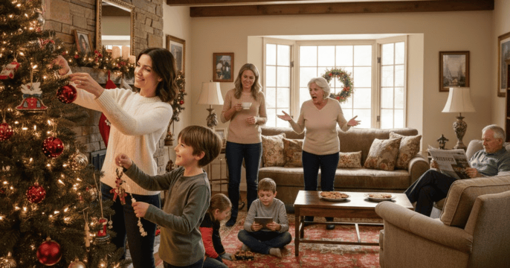 A mother and her children are happily focused on decorating a Christmas tree while an older woman stands behind them, looking agitated, and a man reads a paper; the image shows the intentional choice of joyful engagement over reacting to the visible displeasure of others.