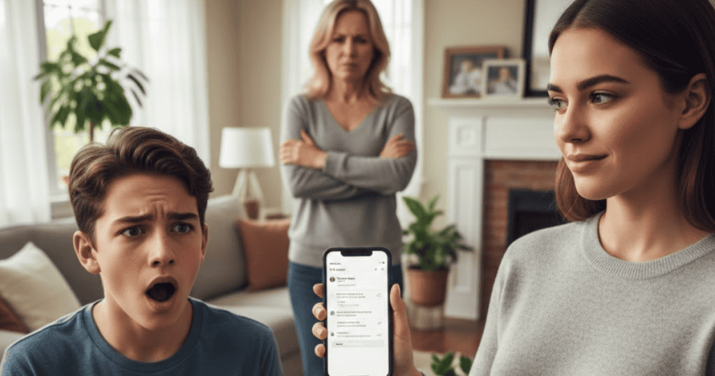 A young woman calmly displays a phone screen to a shocked young man and a disgruntled woman, demonstrating the steady resolve required to present an undeniable truth.