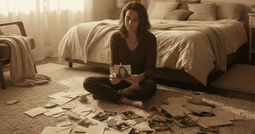 A woman sits on the floor surrounded by old photos and letters, intently looking at one picture; she is reflecting on memories that now reveal a different truth.