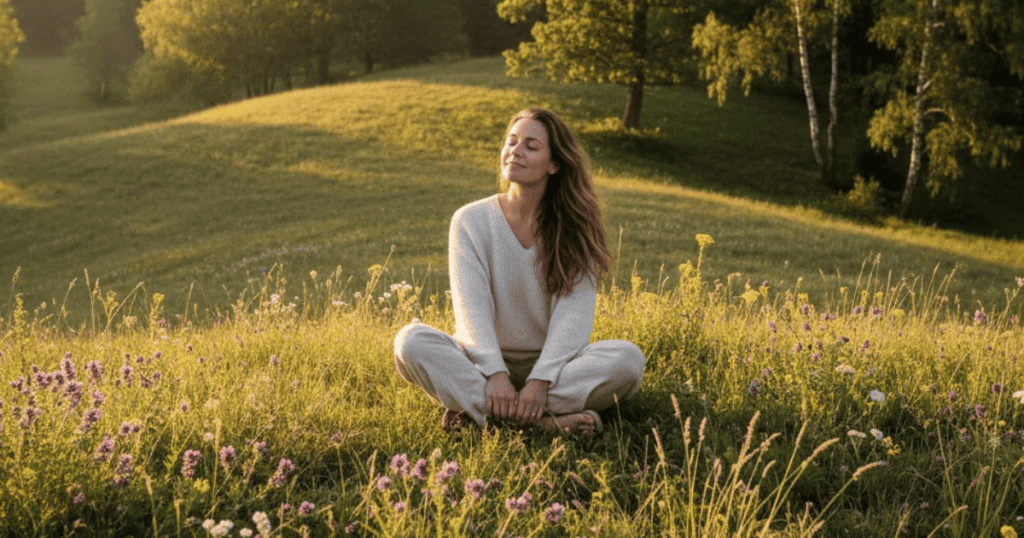 A woman sits cross-legged in a sun-drenched field of flowers with her eyes closed in peaceful contemplation; this quiet moment highlights clarity that comes once an unhealthy attachment fades.