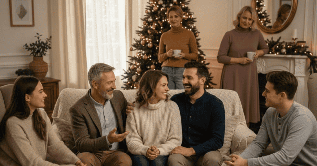 Multiple generations of a family are gathered on and around a living room couch, sharing smiles and focused conversation during the holiday season; the scene is defined by mutual comfort and genuine, supportive engagement.