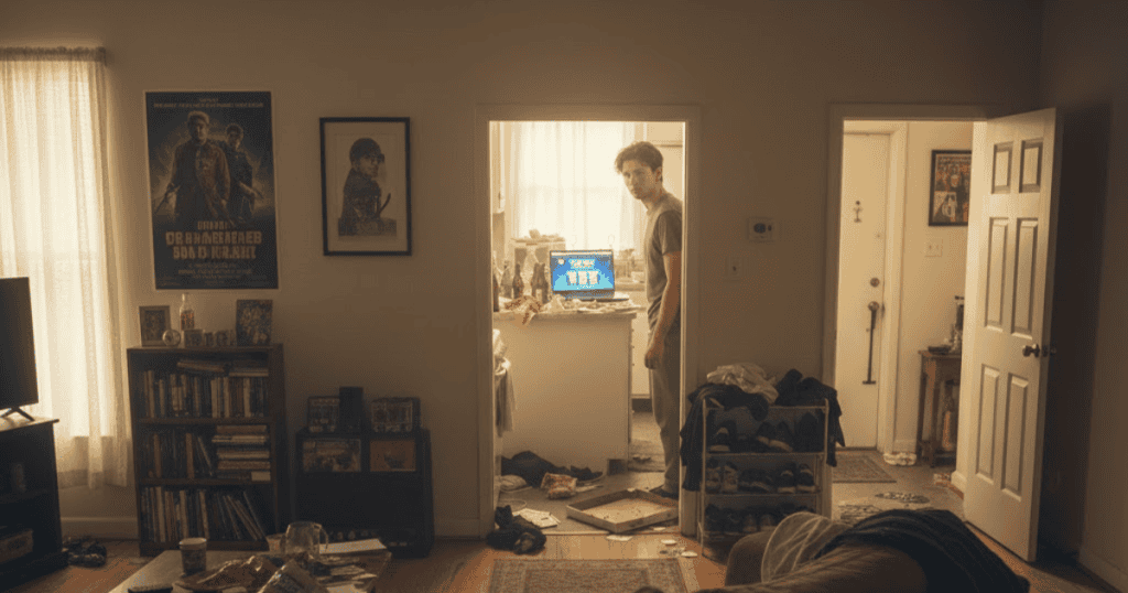A young man stands in a messy doorway leading to a kitchen with scattered trash and a glowing computer screen, suggesting a personal world that is kept private from others.