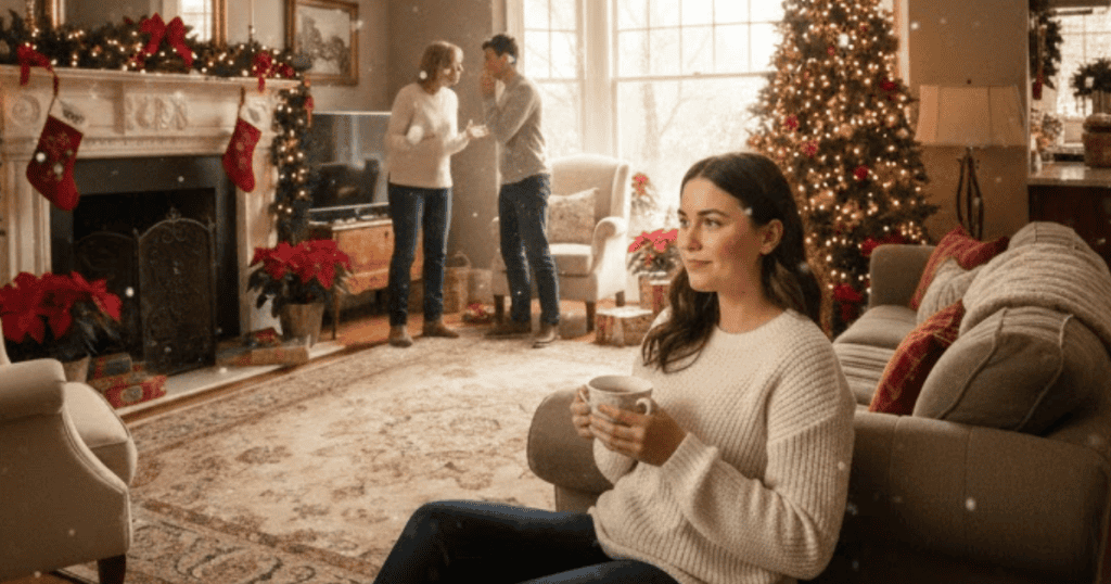 A woman with a mug gazes peacefully ahead in a holiday-decorated living room while two people are engaged in a tense conversation behind her; her serene posture suggests a deliberate disengagement from the nearby emotional turmoil.