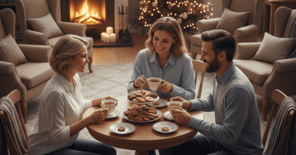 Three adults are sharing a convivial moment over tea and cookies by a warm fireplace and Christmas tree; this peaceful, small gathering represents a deliberate choice in scale and company for the festive season.