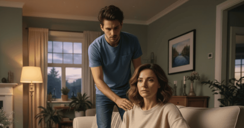 A man stands behind a seated woman, his hands on her shoulders in an intimate setting, reflecting a movement to re-engage with her.