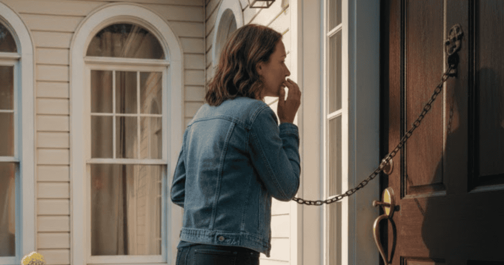 A woman in a denim jacket stands at a front door with a chain lock fastened, emphasizing a boundary that is deliberately and restrictively maintained.