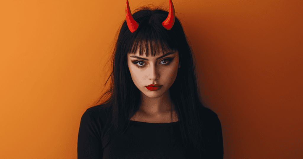 A stylized woman with red devil horns stares forward against a dark background, representing the narcissist as survivors question whether their harmful behavior comes from sickness or deliberate cruelty.