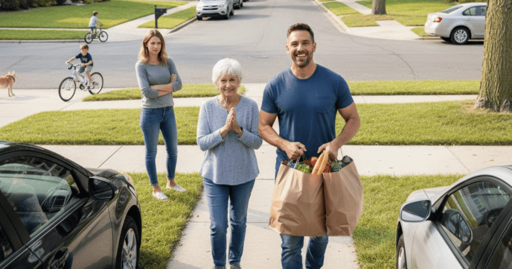 A man carries heavy grocery bags with a wide, performative smile on a public sidewalk, ensuring his helpfulness is clearly visible to the neighborhood.