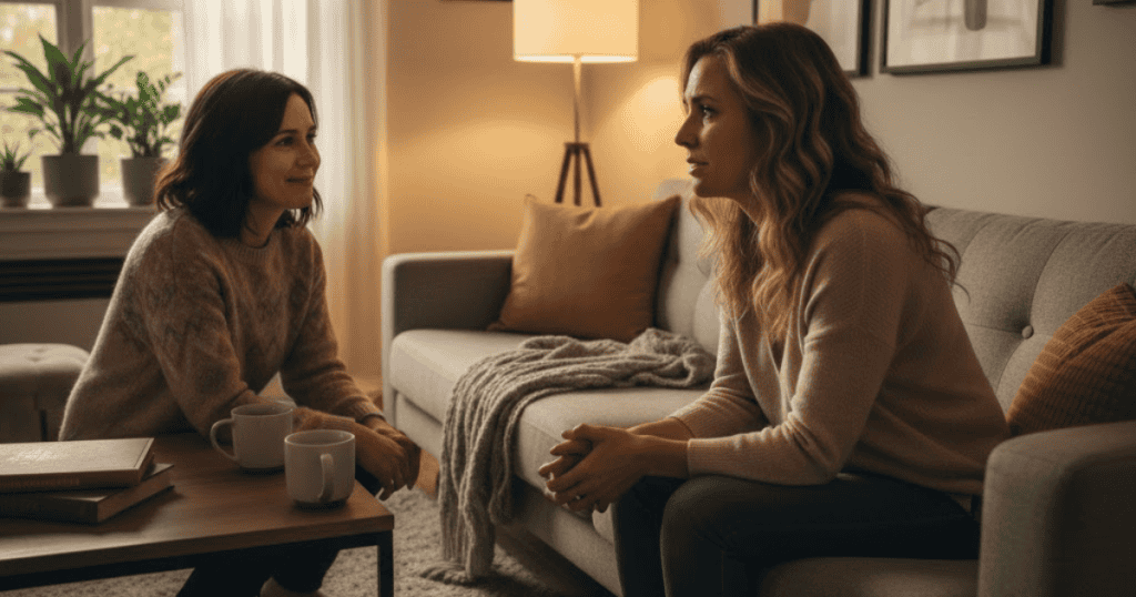 Two women sit closely on a sofa engaged in a soft conversation, where the warmth of the interaction feels carefully measured.
