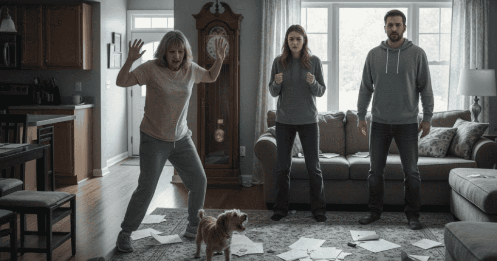 A woman stands in a living room with her hands raised in a frantic gesture near scattered papers on the floor, projecting an energy that keeps everyone around her on edge.