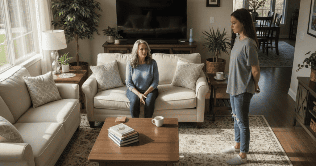 A younger woman stands rigidly before an older woman seated on a sofa, capturing a moment of palpable domestic tension.
