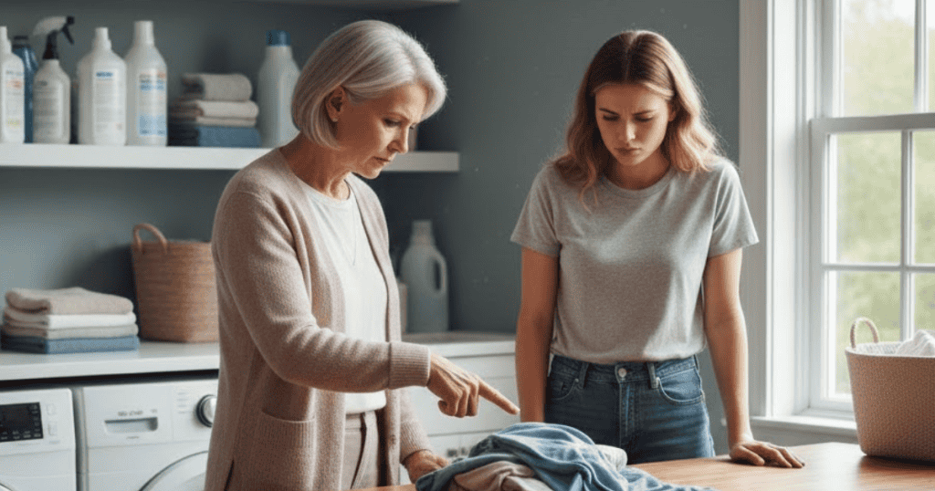 An older woman points firmly at a pile of laundry while a younger woman looks on with a furrowed brow, highlighting an intense focus on trivial domestic tasks.
